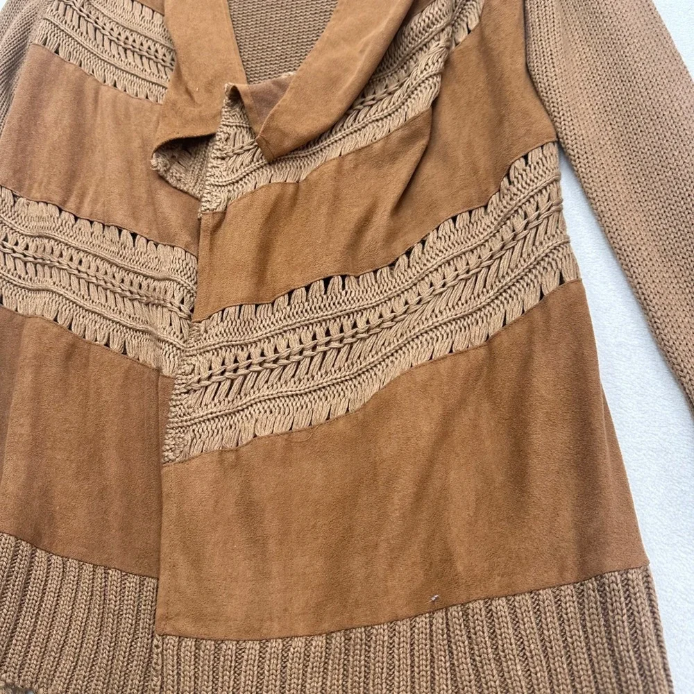 Venus‎ Open Front Cardigan Brown Faux Suede Crochet Fringe Sweater Boho Womens S